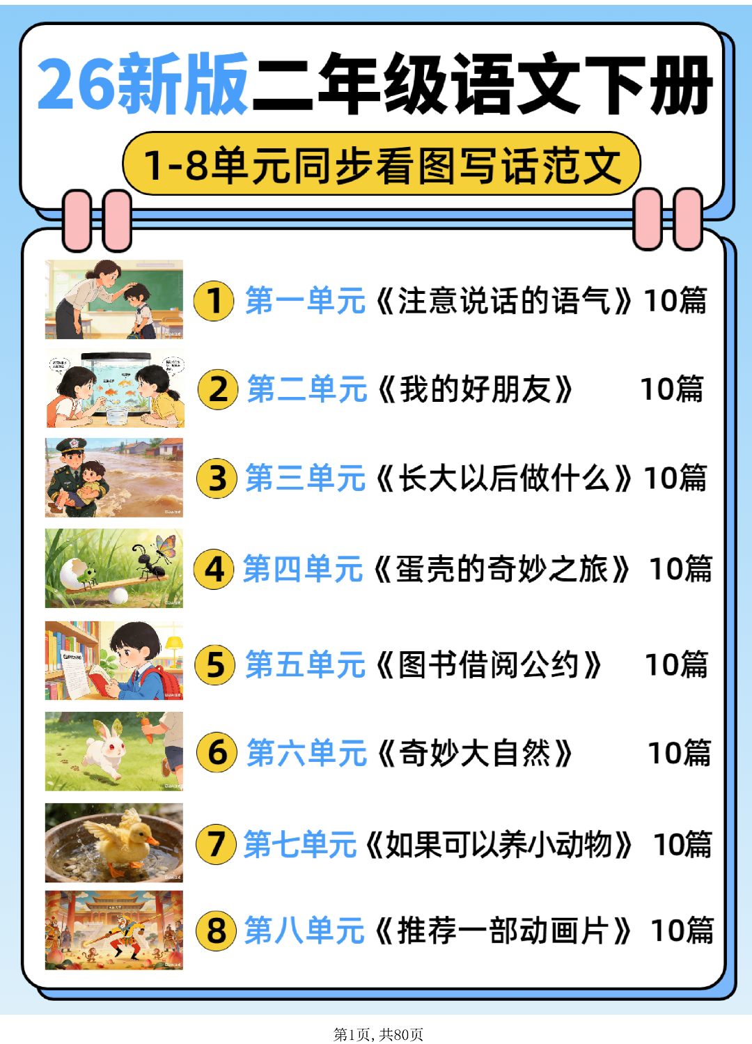 26年新版二年级下册语文《1-8单元口语交际与写话范文》（共80篇），电子版可打印
