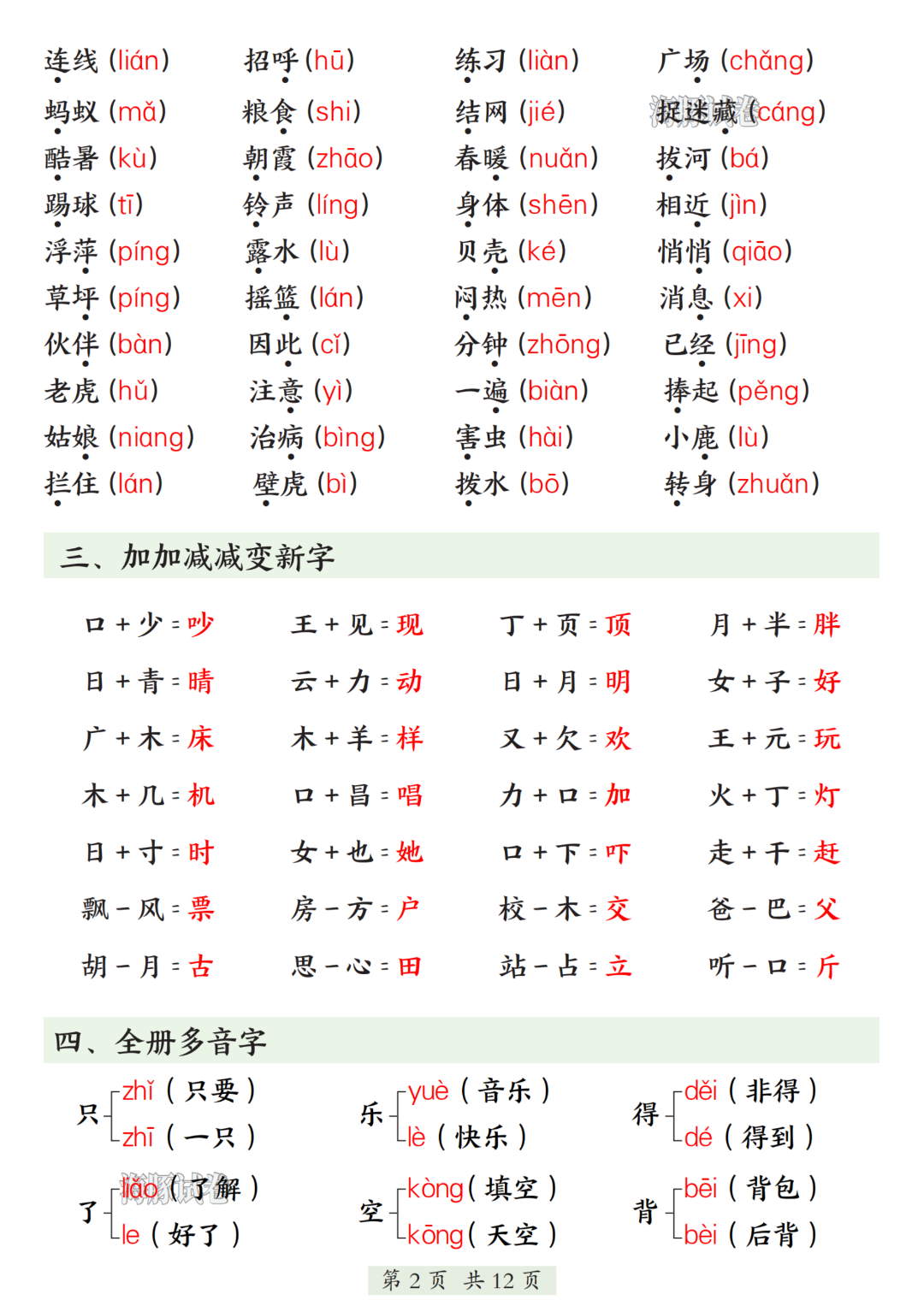新版一年级下册语文《全册必背知识点归类汇总》，电子版打印