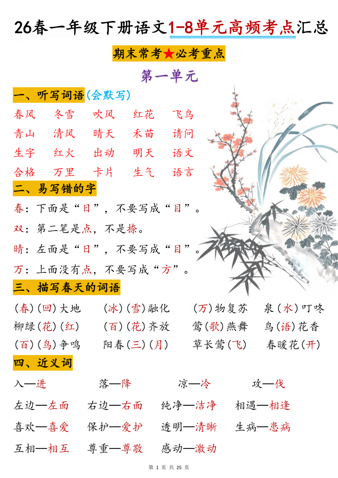 26年新版一年级下册语文（1-8单元高频考点汇总），电子版可打印