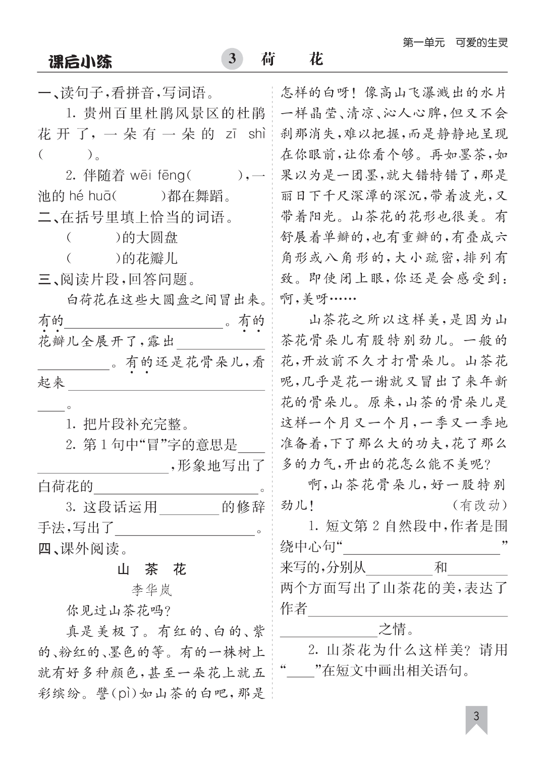 新版三年级下册语文《课后提升练习题》（课课练），有答案，电子版可打印