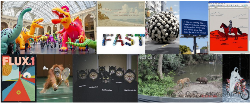 FLUX.1 Kontext 的文本转图像示例，具有低烘焙度、多样风格和精准的排版。