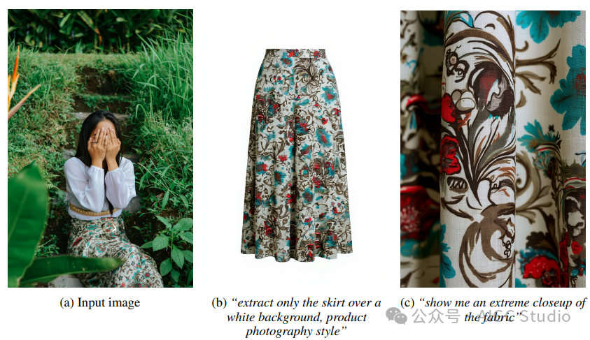 产品摄影。（a）输入图像展示整套服装。（b）提取的裙子，置于白色背景下，采用产品摄影风格。（c）裙子面料的特写，突出纹理和图案细节。