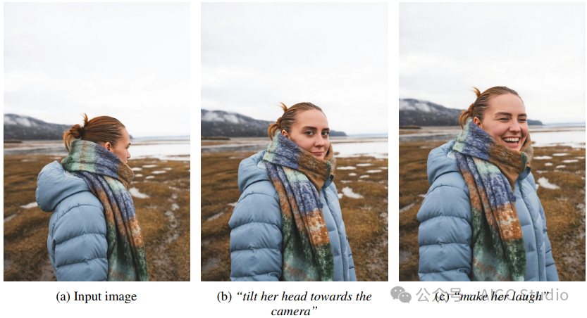 连续的面部表情编辑。从参考侧面 (a) 开始，模型首先将拍摄对象重新调整朝向相机 (b)，然后将她的表情更改为自然大笑 (c)，同时保留背景、服装和光线。