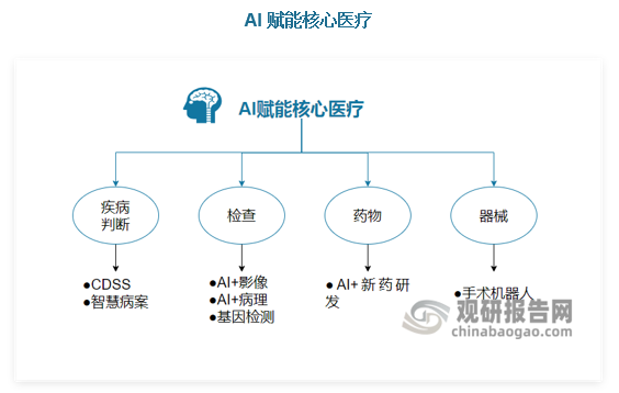 AI+醫療是人工智能技術與醫療領域深度融合而形成的一個跨學科、跨領域的新興行業，它利用人工智能的各種技術和算法，對醫療數據進行分析處理，以輔助醫療決策、提升醫療效率、改善醫療服務質量、推動醫療行業的創新發展。