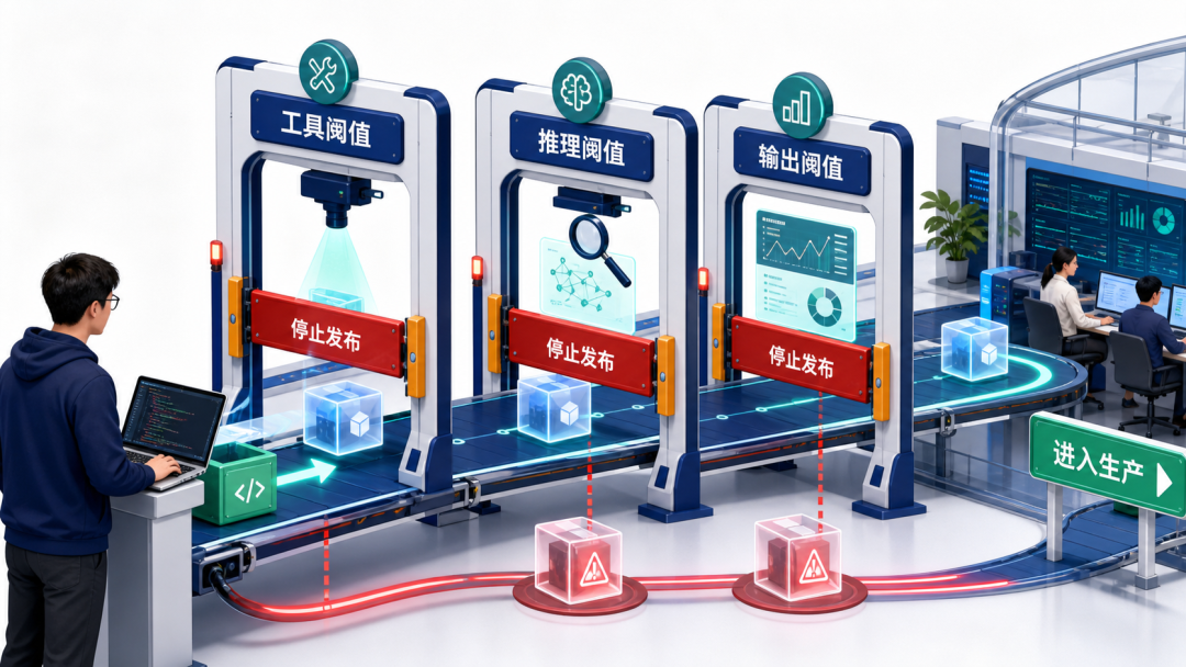 构建期评测与生产期监控组成双阶段链路