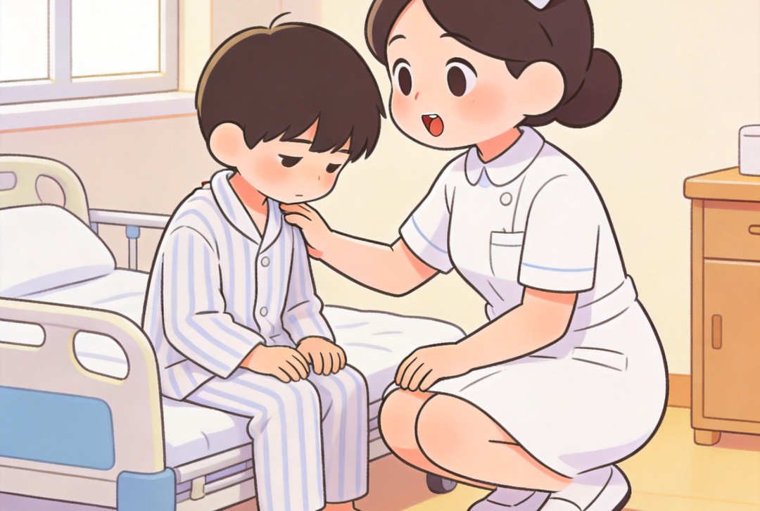 jimeng-2026-08-07-6228-用卡通形象做一张图：护士轻声安抚少年、默默陪伴.png