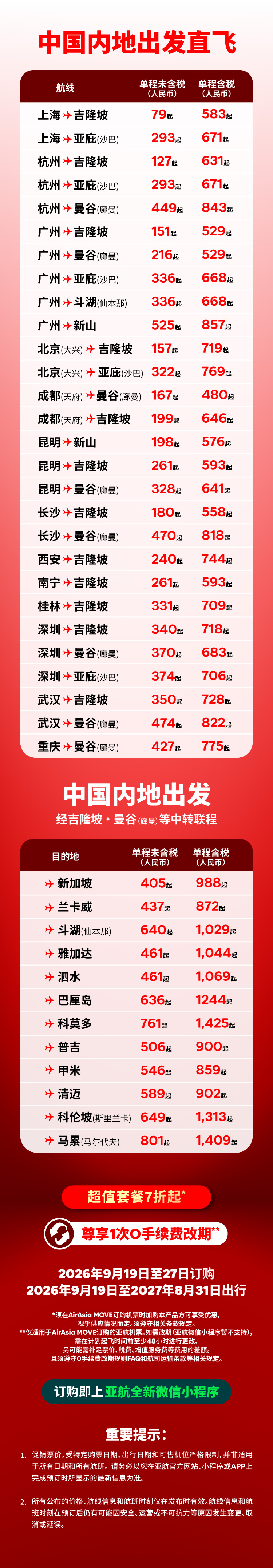 亚航大促含税393起飞东南亚 免签泰国曼谷吉隆坡巴厘岛 9月27日前订票