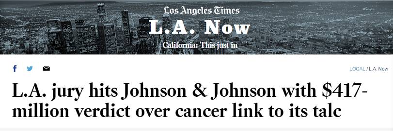 女子用42年强生爽身粉确诊卵巢癌 被判获赔近28亿