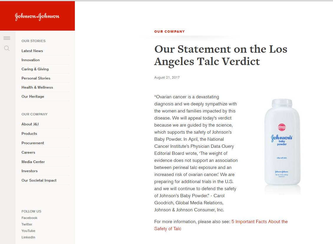 女子用42年强生爽身粉确诊卵巢癌 被判获赔近28亿