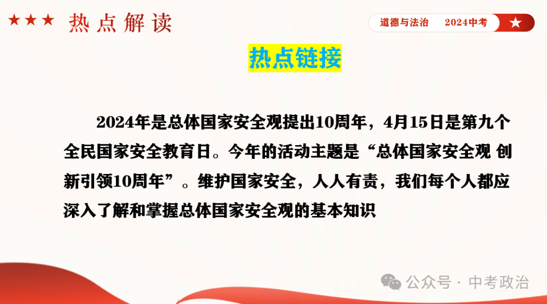 时政专题｜2024年中考道法热点：总体国家安全观10周年、第九个全民国家安全教育日