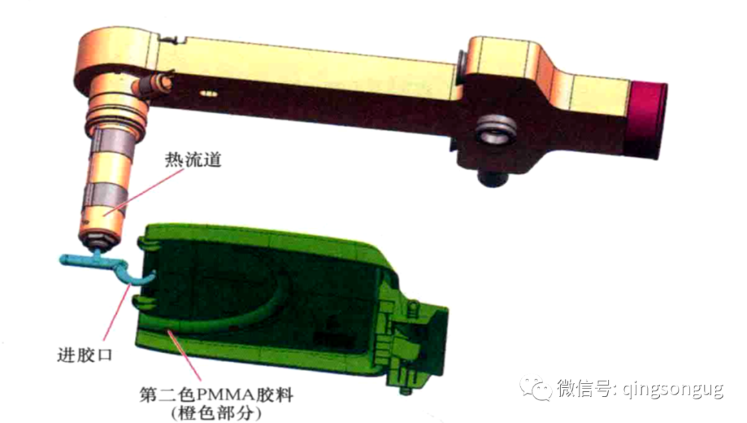 塑胶模具「双色模设计」共用一个模架2个炮筒产生90度样式的图9