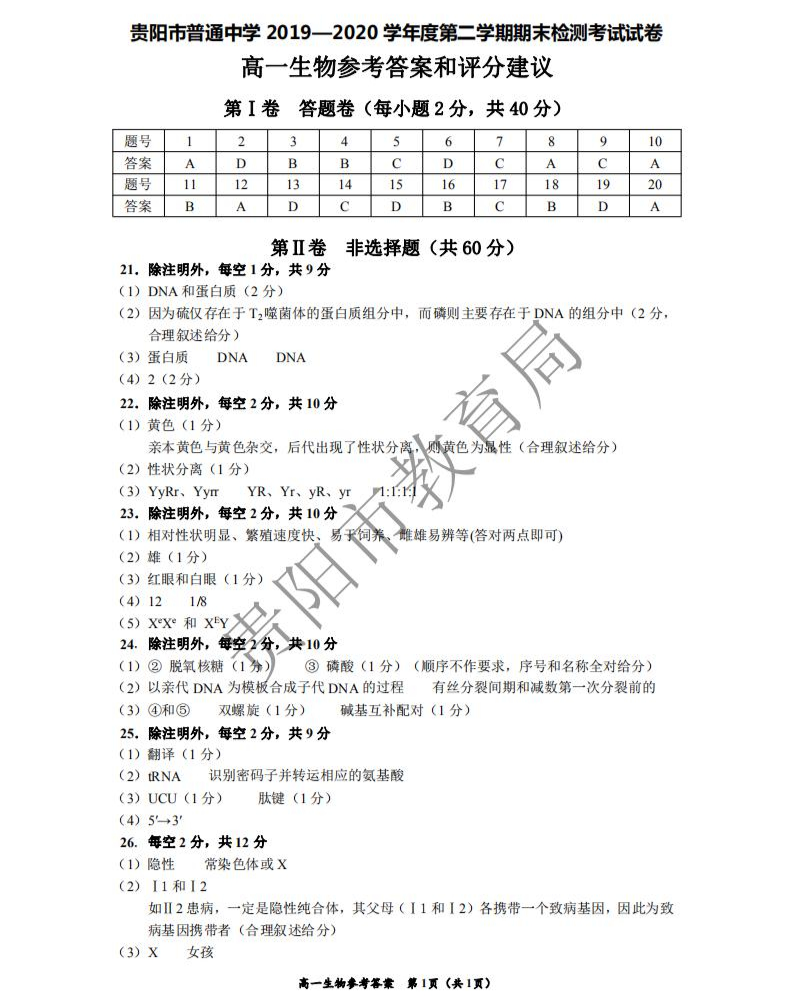 高一生物 地理 信息技术 贵阳市普通高中第二学期期末考试答案 黔学帮 微信公众号文章阅读 Wemp