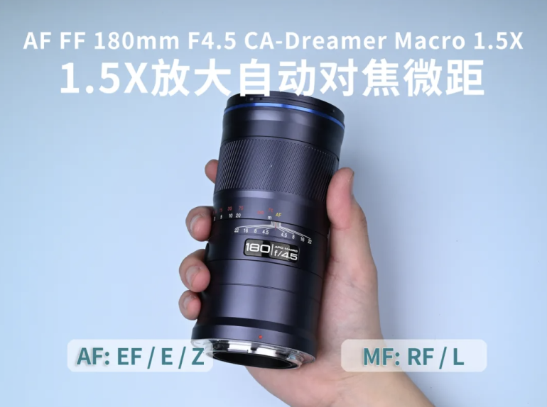 A hand holds a black 180mm F4.5 macro camera lens against a light blue background with text in English and Chinese.