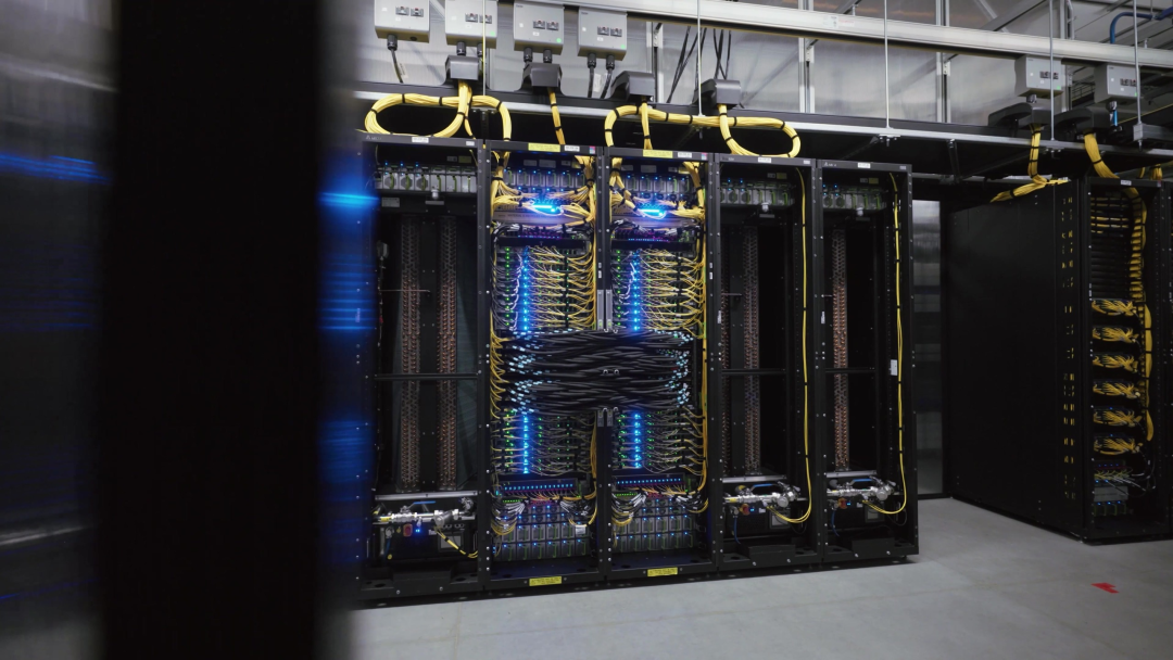 Meta Prometheus Catalina platform: a two-rack NVIDIA GB200 NVL72 Ariel pair with NVLink cable spine between the racks