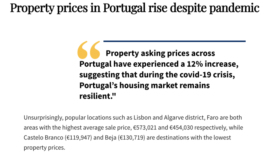 2020年第二季度葡萄牙平均房价上涨了7.8%，后疫情时代仍逆势增长！