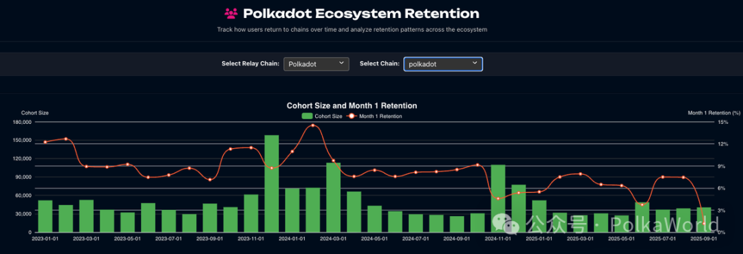 Dark-themed dashboard interface titled Polkadot Ecosystem Retention with dropdown menus for chain and graph selection. Line graph in blue shows cohort size fluctuating from 0 to 80000 users over months. Green bars represent retention percentages peaking at 40 percent. Red line overlays for comparison. Horizontal axis labels months from left to right. Vertical axis scales users on left and percentage on right.