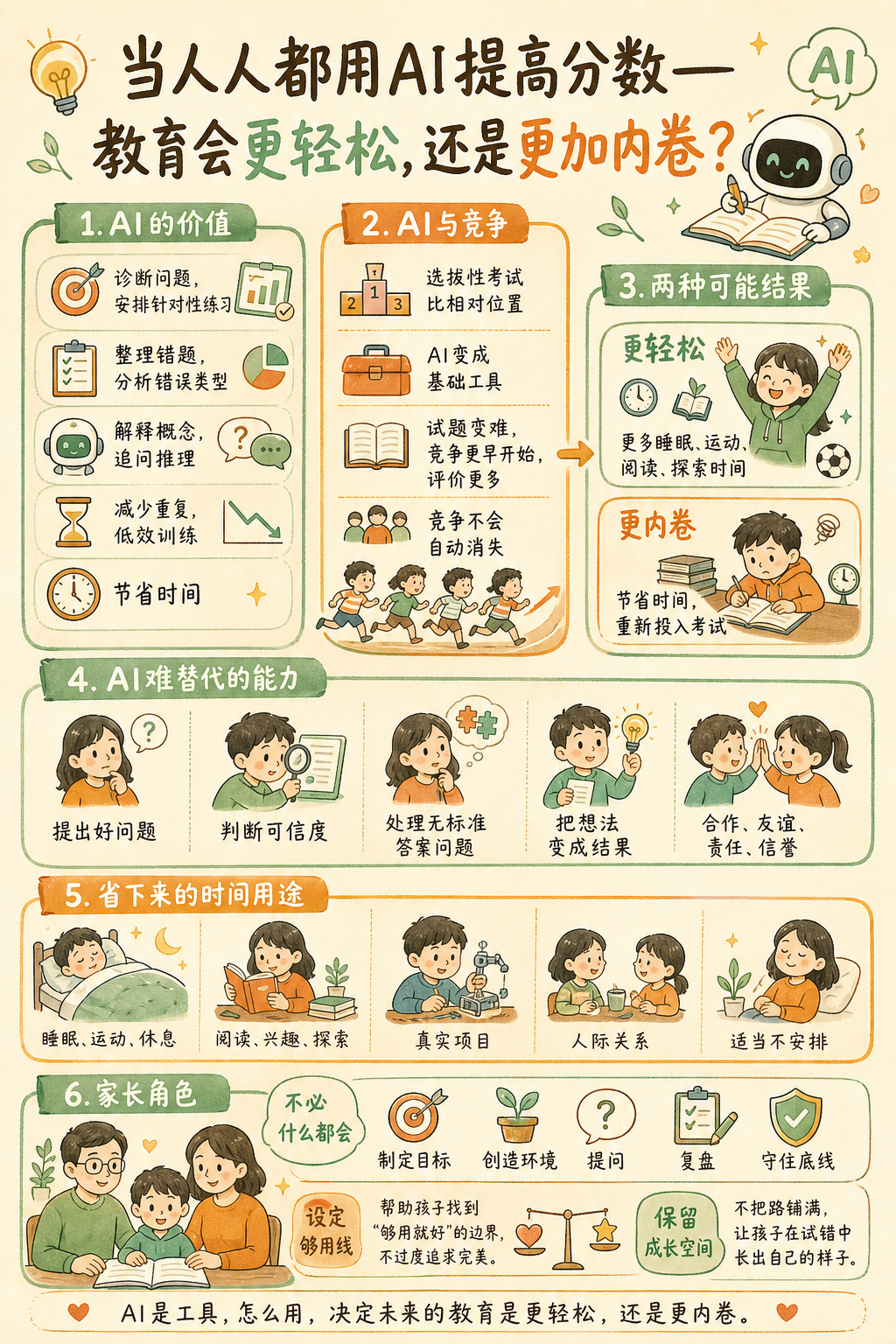 图中串联学习诊断、相对竞争、减负与内卷两条路径，以及不可替代的能力、时间用途和家长的“够用线”；AI 的使用方式决定效率是否转化为成长空间。