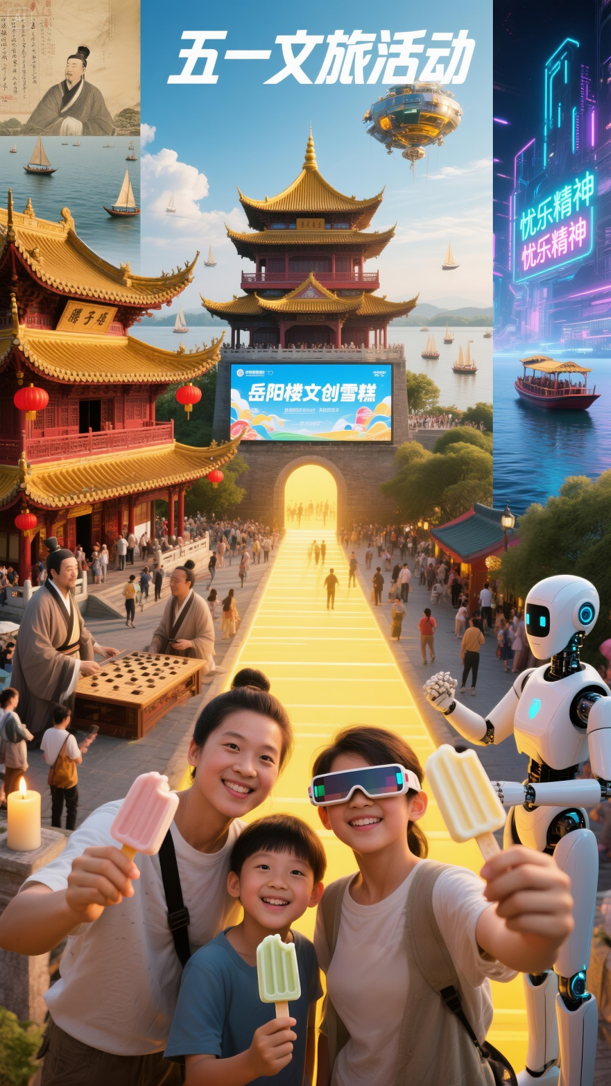 構圖：9_16豎幅，畫面被一道“光之門”分割為三部分，象征時間流動。1. 過去（左側·北宋盛世）畫面：北宋時期的岳陽樓，金頂朱欄，飛檐下懸掛紅燈籠，樓前商旅如織。滕子京與范仲淹在樓內對弈，桌上攤開《岳....png