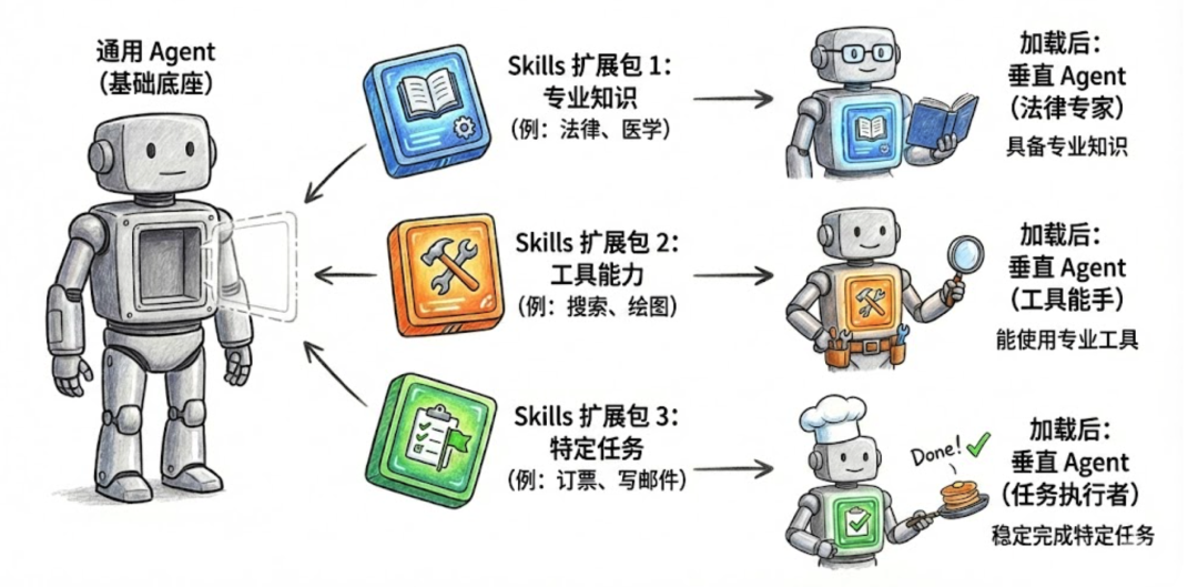Skills 作为通用 Agent 扩展包的概念模型图