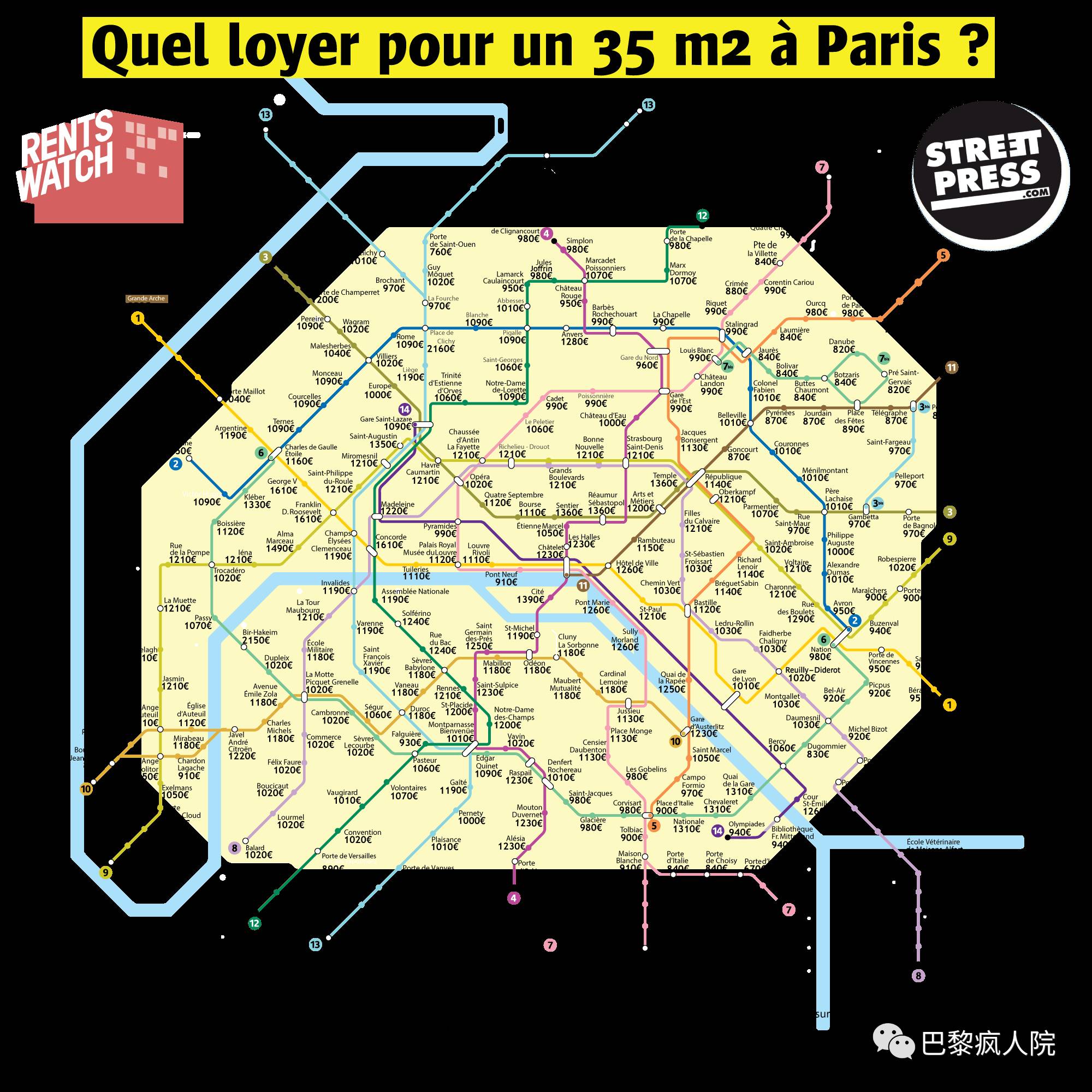 , 用地铁图告诉你巴黎房租有多贵！铁塔2150欧，香街1600欧，最便宜的竟在&#8230;, My Crazy Paris