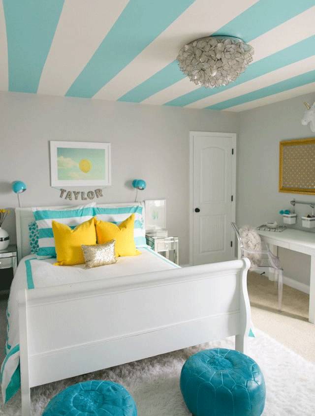 儿童房的天花板更适合 趣味性装饰,比如半墙和顶面铺满墙纸,把蓝天