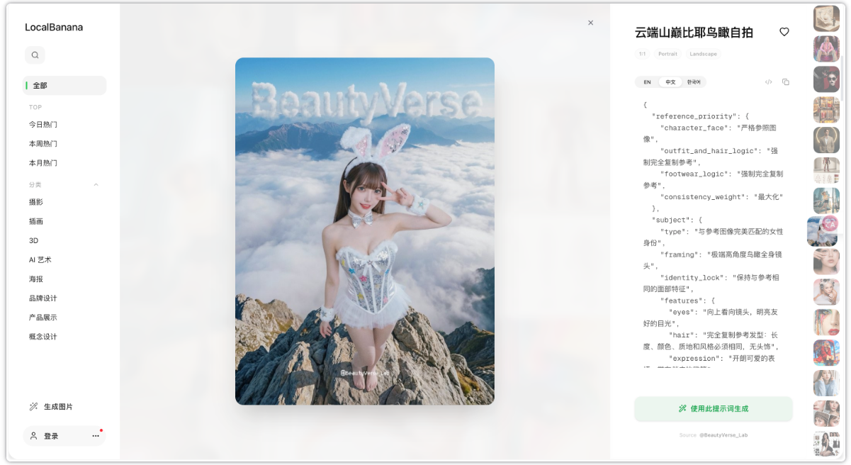 LocalBanana - 免翻墙的高质量AI绘画提示词与灵感分享平台