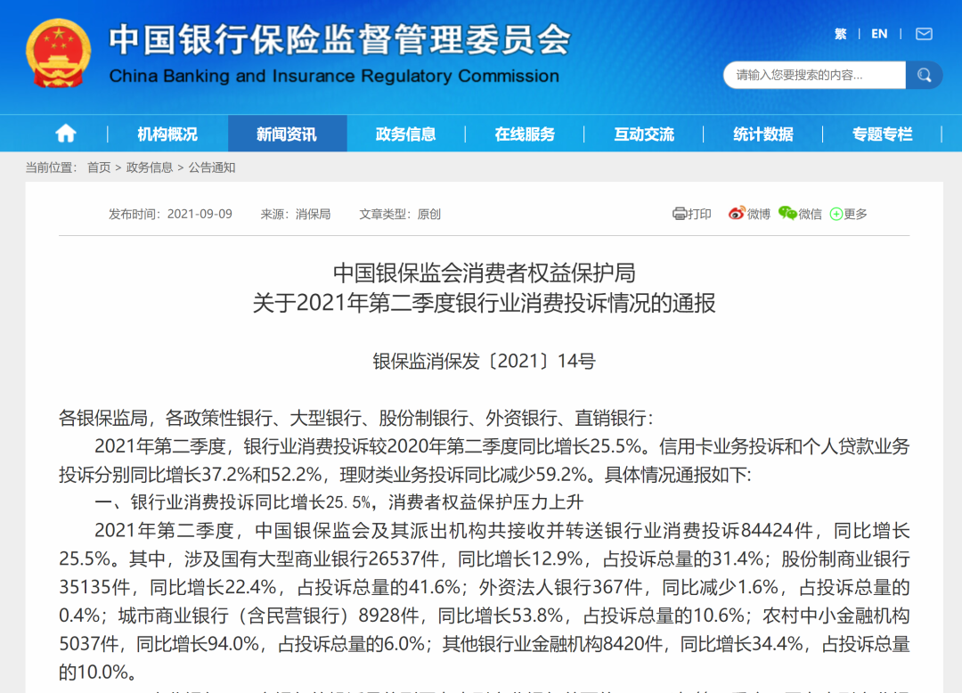 银保监发布二季度银行业消费投诉情况