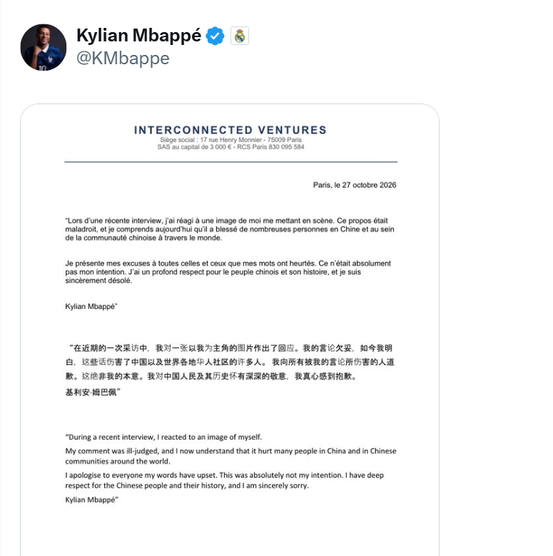 Kylian Mbappe apologizes after China backlash, companies cut ties