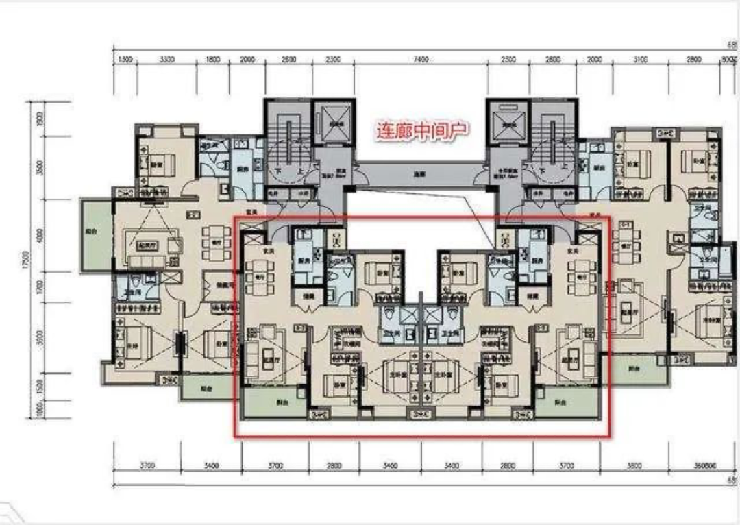 现在很流行带连廊的中间户,常见于两梯四户的户型中.