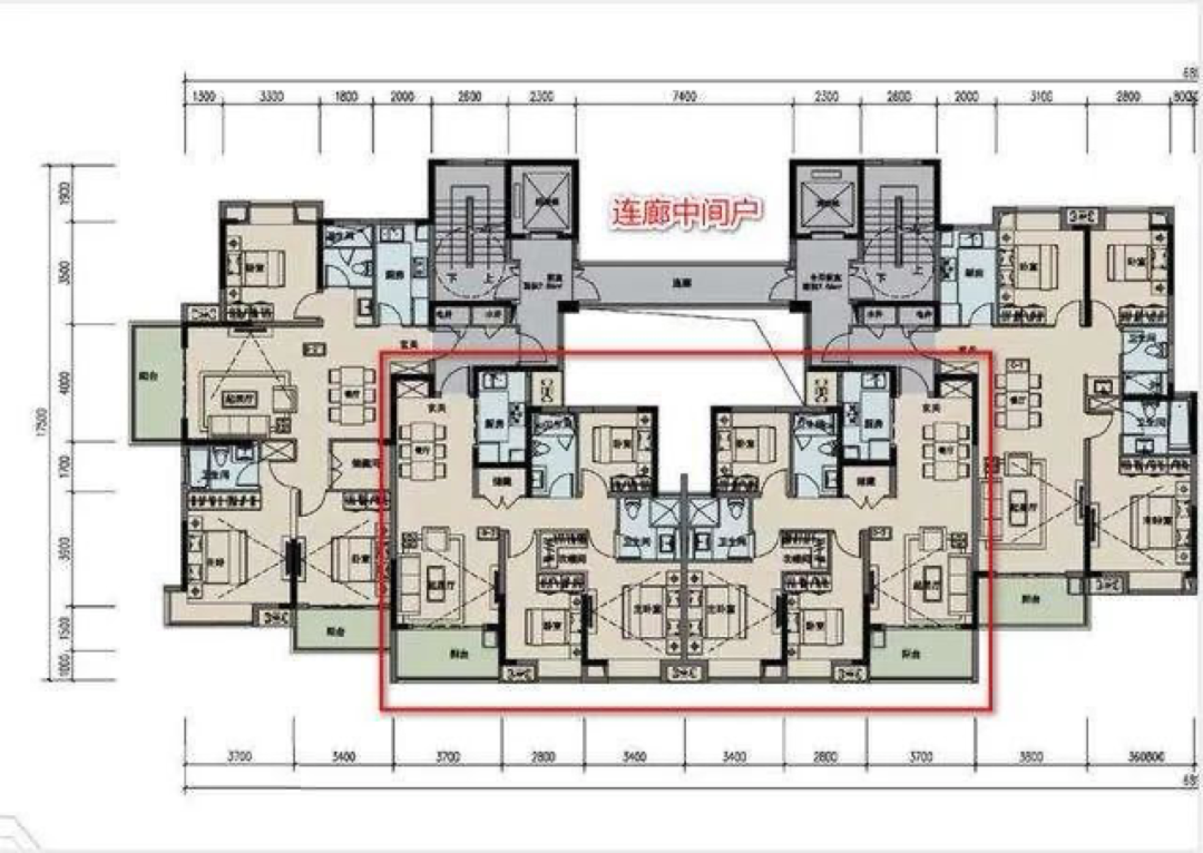 現在很流行帶連廊的中間戶,常見於兩梯四戶的戶型中.