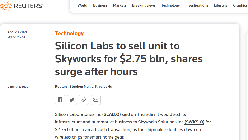 資訊 | 27.5億美元！Skywords宣布收購Silicon Labs部分業務的圖1