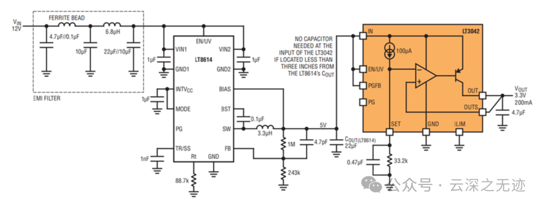 LT3042 后置调节 LT8614 Silent Switcher 稳压器