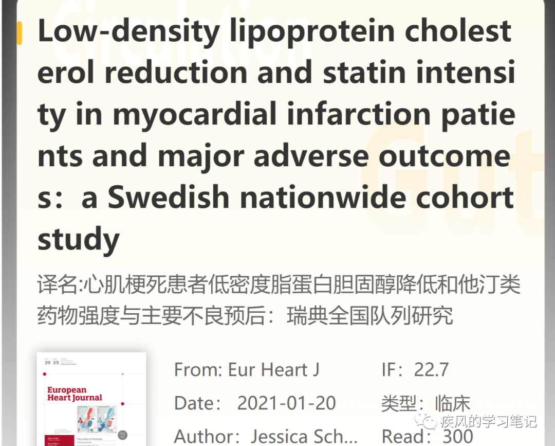 心肌梗死患者低密度脂蛋白胆固醇降低和他汀类药物强度与主要不良预后：瑞典全国队列研究
