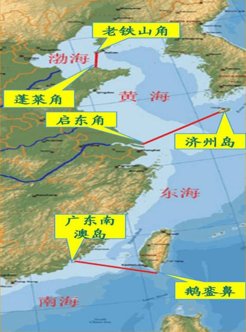 黄海与东海分界线:长江口北岸的启东角与韩国济州岛西南