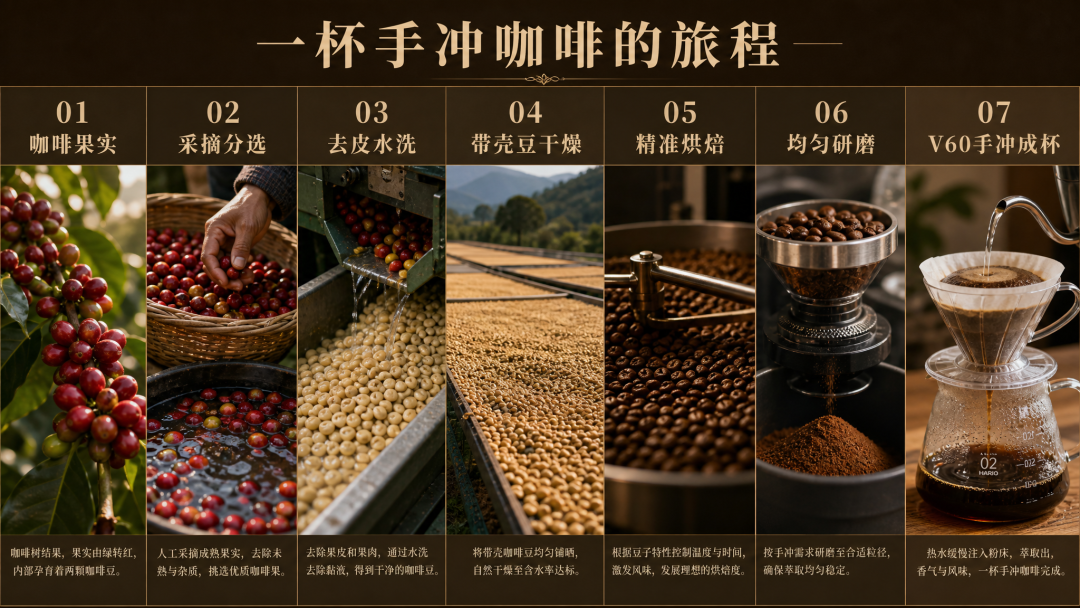 gpt-image-2 生成的七阶段《一杯手冲咖啡的旅程》完整 2K 信息图