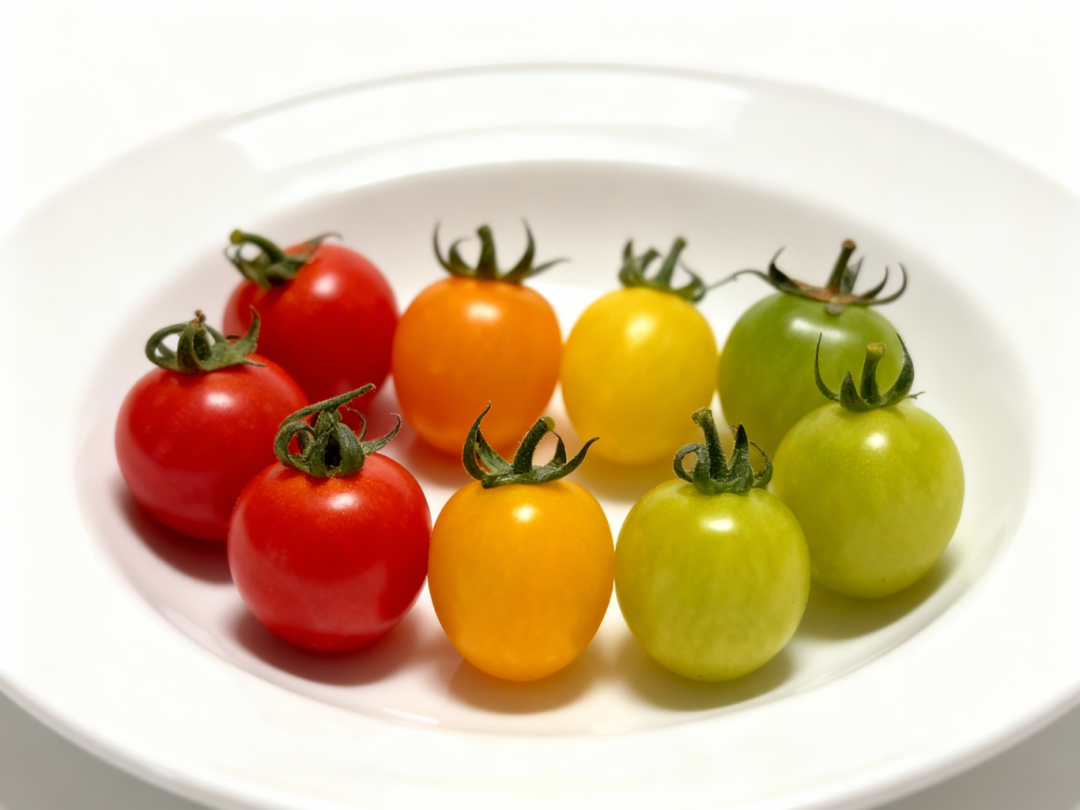 jimeng-2026-01-21-5344-根据参考图的风格，生成一张展示多种颜色小西红柿的图片。西红柿被整齐地排列在白色盘....png