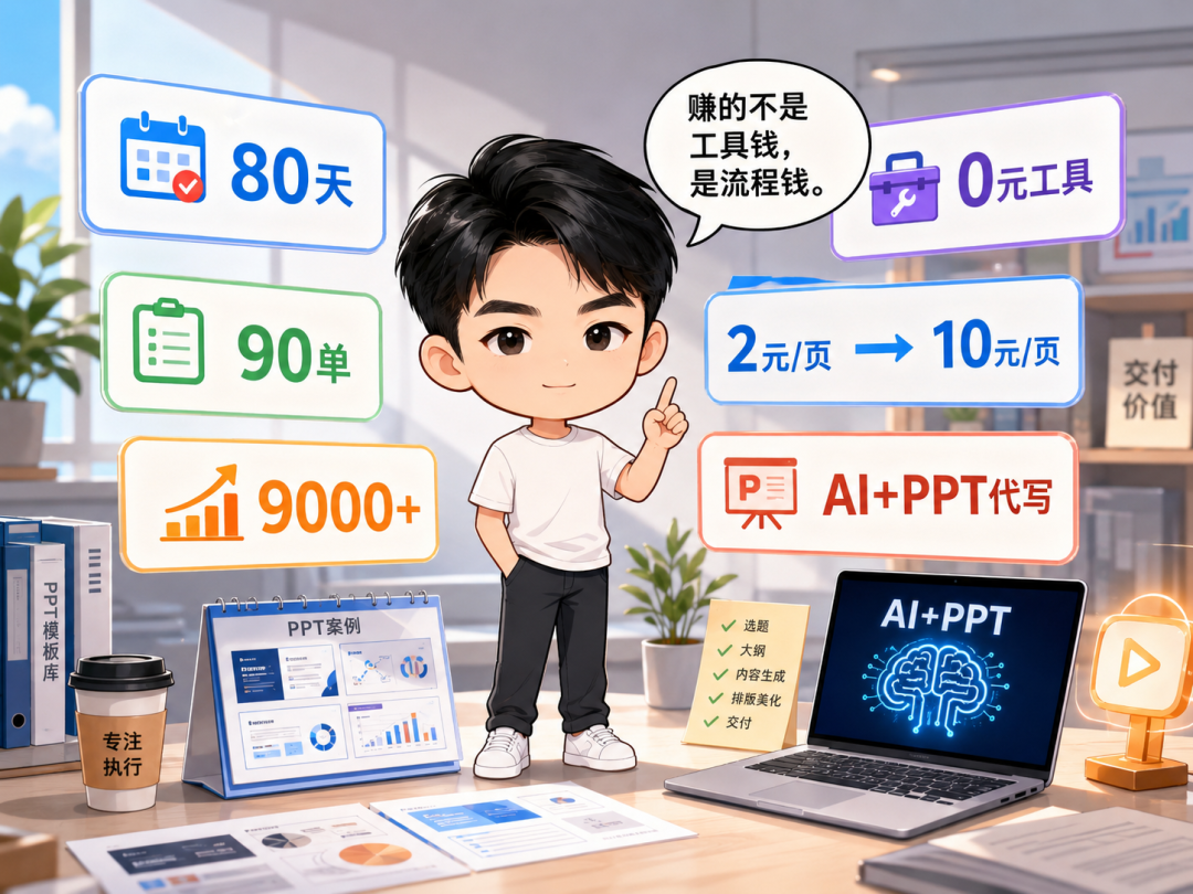 AI代写PPT副业实操：80天90单赚9000元，客单价2元涨到10元