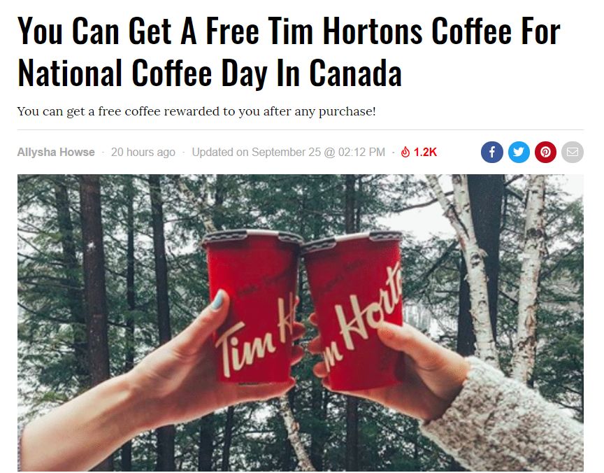 Tim Hortons！9月28&29本周末免费喝咖啡啦！