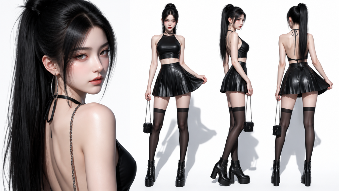 3D漫剧厚涂少女·黑色挂脖露背短上衣+黑色皮质高腰百褶超短裙 效果图样例