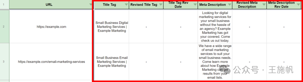 关键字映射模板示例显示标题标签和元描述列