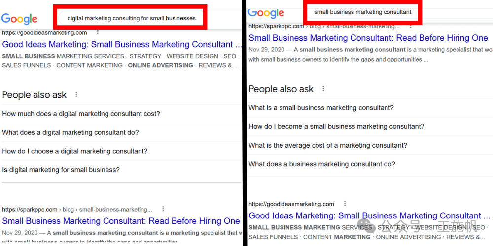 Google SERP 主页目标关键词示例