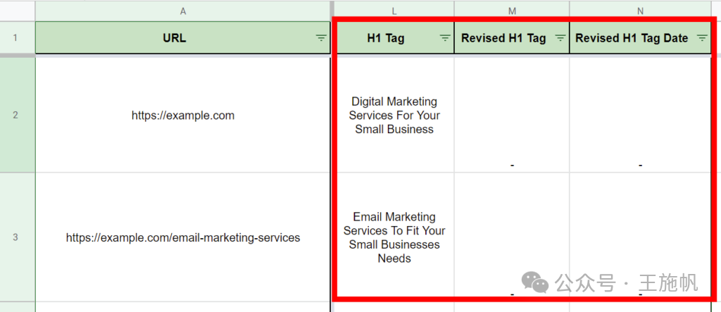显示 h1 标签列的关键字映射模板示例