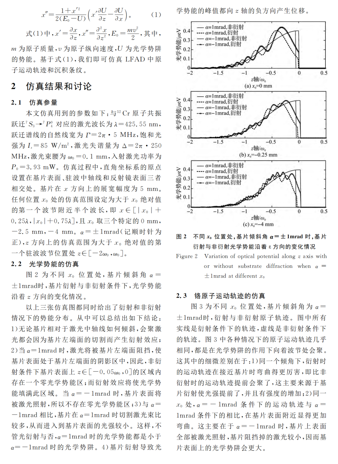 基片表面傾斜及衍射對激光會聚原子沉積條紋的影響的圖2