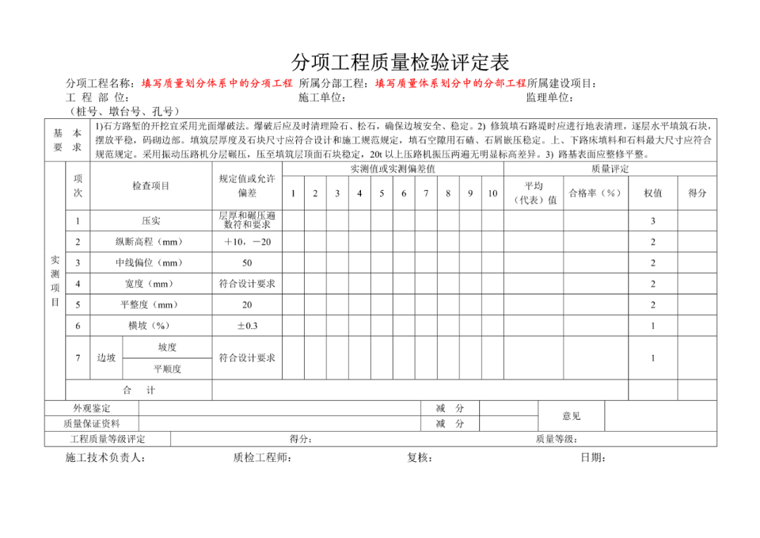 公路工程资料填写范例