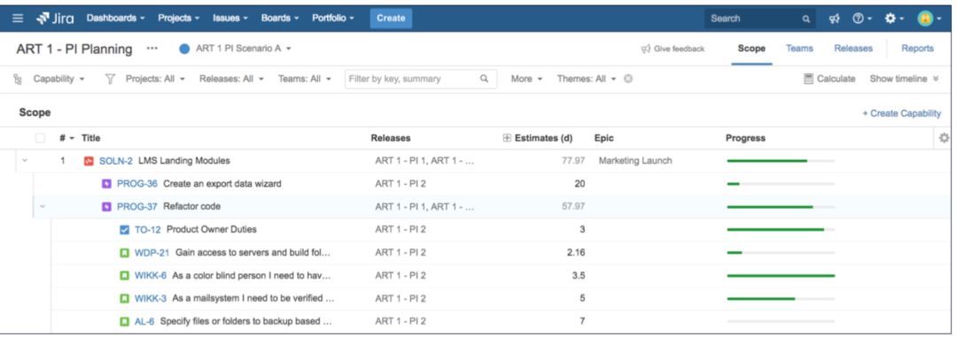 分解 Portfolio for Jira 中的工作，以支持 PI 计划