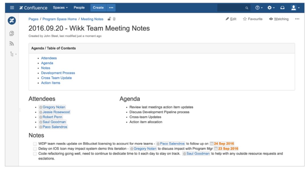 Confluence 中的会议记录页面视图
