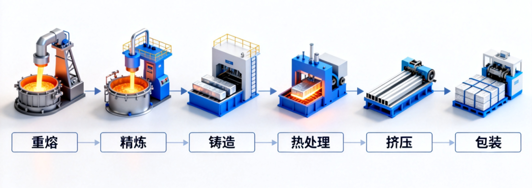 jimeng-2026-05-26-6580-帮我生成图片：铝重熔›精炼›铸造›热处理›挤压›包装,根据这个内容制作流程图,3....png