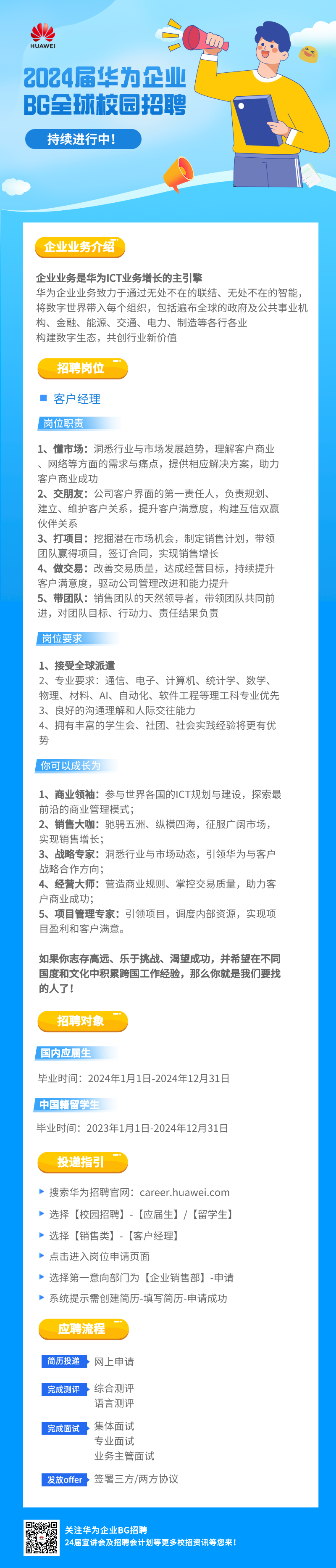 <p>HUAWEI= W</p>
<p>2024届华为企业</p>
<p>BG全球校园招聘</p>
<p>持续进行中</p>
<p>企业业务介绍)</p>
<p>企业业务是华为ICT业务增长的主引擎</p>
<p>华为企业业务致力于通过无处不在的联结、无处不在的智能,</p>
<p>将数字世界带入每个组织,包括遍布全球的政府及公共事业机</p>
<p>构、金融、能源、交通、电力、制造等各行各业</p>
<p>构建数字生态,共创行业新价值</p>
<p>招聘岗位</p>
<p> 客户经理</p>
<p>岗位职责</p>
<p>1、情市场:洞悉行业与市场发展趋势,理解客户商业</p>
<p>、网络等方面的需求与痛点,提供相应解决方案,助力</p>
<p>客户商业成功</p>
<p>2、交朋友:公司客户界面的第一责任人,负责规划、</p>
<p>建立、维护客户关系,提升客户满意度,构建互信双赢</p>
<p>伙伴关系</p>
<p>3、打项目:挖掘潜在市场机会,制定销售计划,带领</p>
<p>团队赢得项目,签订合同,实现销售增长</p>
<p>4、做交易:改善交易质量,达成经营目标,持续提升</p>
<p>客户满意度,驱动公司管理改进和能力提升</p>
<p>5、带团队:销售团队的天然领导者,带领团队共同前</p>
<p>进,对团队目标、行动力、责任结果负责</p>
<p>岗位要求</p>
<p>1、接受全球派道t</p>
<p>2、 专业要求:通信、电子、计算机、统计学、数学、</p>
<p>物理、材料、Al、自动化、软件工程等理工科专业优先</p>
<p>3、 良好的沟通理解和人际交往能力</p>
<p>4、拥有丰富的学生会、社团、社会实践经验将更有优</p>
<p>势</p>
<p>你可以成长为</p>
<p>1、商业领袖:参与世界各国的ICT规划与建设,探索最</p>
<p>前沿的商业管理模式;</p>
<p>2、销售大咖:驰骋五洲、纵横四海,征服广阔市场,</p>
<p>实现销售增长;</p>
<p>3、 战略专家:洞悉行业与市场动态,引领华为与客户</p>
<p>战略合作方向;</p>
<p>4、经营大师:营造商业规则、掌控交易质量,助力客</p>
<p>户商业成功;</p>
<p>5、项目管理专家:引领项目,调度内部资源,实现项</p>
<p>目盈利和客户满意。</p>
<p>如果你志存高远、乐于挑战、渴望成功,并希望在不同</p>
<p>国度和文化中积累跨国工作经验,那么你就是我们要找</p>
<p>的人了!</p>
<p>招聘对家</p>
<p>国内应届生</p>
<p>毕业时间: 2024年1月1日-2024年12月31日</p>
<p>中国籍留学生</p>
<p>毕业时间: 2023年1月1日-2024年12月31日</p>
<p>投递指引</p>
<p>➢搜索华为招聘官网: career.huawei.com</p>
<p>➢选择[校园招聘] - [应届生] / [留学生]</p>
<p>➢选择[销售类] - [客户经理]</p>
<p>➢点击进入岗位申请 页面</p>
<p>➢选择第一意向部]为[企业销售部] -申请</p>
<p>➢系统提示需创建简历-填写简历_申请成功</p>
<p>应聘流程</p>
<p>简历投递>网上申请</p>
<p>完成测评>综合测评</p>
<p>语言测评</p>
<p>完成面试集体面试</p>
<p>专业面试</p>
<p>业务主管面试</p>
<p>发放offer签署三方/两方协议</p>
