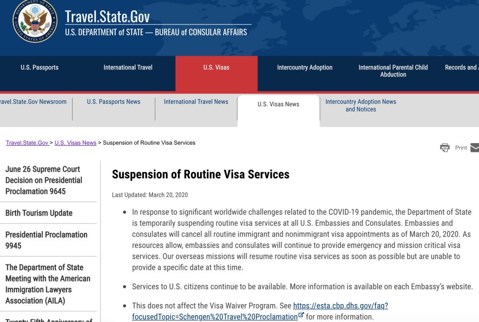 美国暂停所有常规签证办理，移民局关停所有对外服务