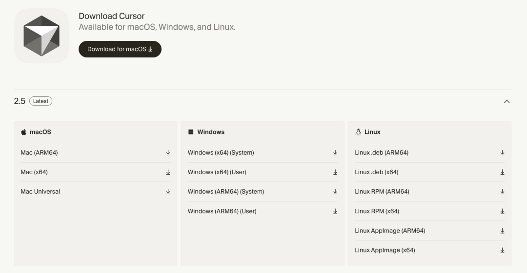 Cursor 下载页面截图，圈出 macOS / Windows 选择按钮